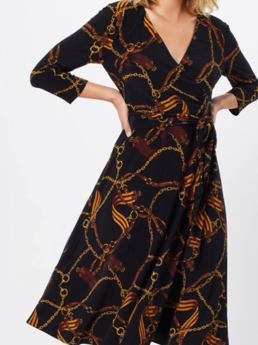 Ralph Lauren | Chain belt faux midi wrap dress Women’s size 12 preppy old money